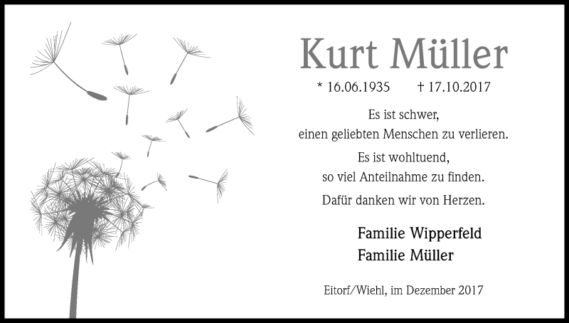  Traueranzeige für Kurt Müller vom 02.12.2017 aus Kölner Stadt-Anzeiger / Kölnische Rundschau / Express