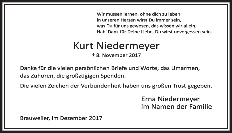  Traueranzeige für Kurt Niedermeyer vom 23.12.2017 aus  Sonntags-Post 