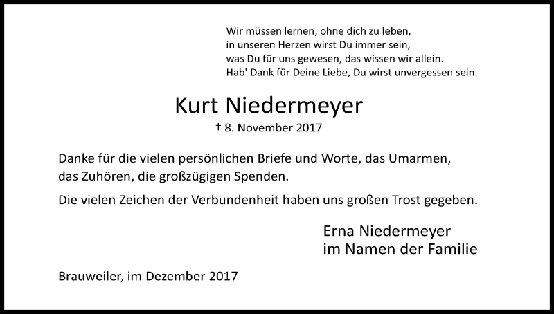  Traueranzeige für Kurt Niedermeyer vom 23.12.2017 aus Kölner Stadt-Anzeiger / Kölnische Rundschau / Express