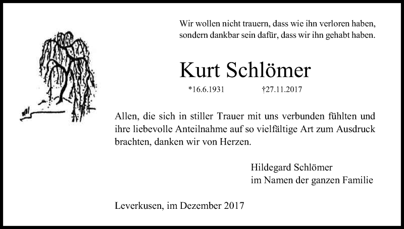  Traueranzeige für Kurt Schlömer vom 23.12.2017 aus Kölner Stadt-Anzeiger / Kölnische Rundschau / Express
