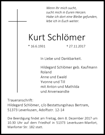 Anzeige von Kurt Schlömer von Kölner Stadt-Anzeiger / Kölnische Rundschau / Express