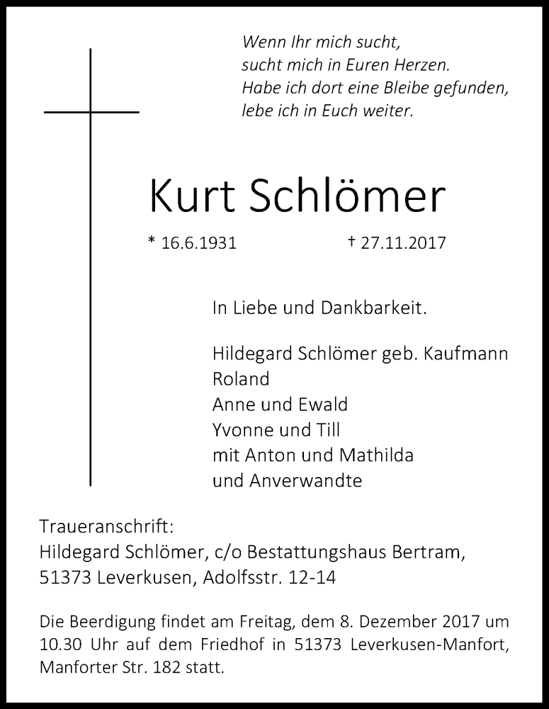  Traueranzeige für Kurt Schlömer vom 02.12.2017 aus Kölner Stadt-Anzeiger / Kölnische Rundschau / Express