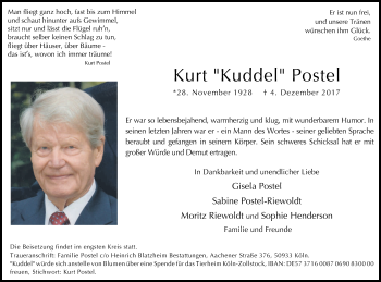 Anzeige von Kurt Kuddel Postel von Kölner Stadt-Anzeiger / Kölnische Rundschau / Express