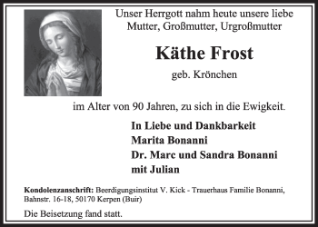 Anzeige von Käthe Frost von  Sonntags-Post 