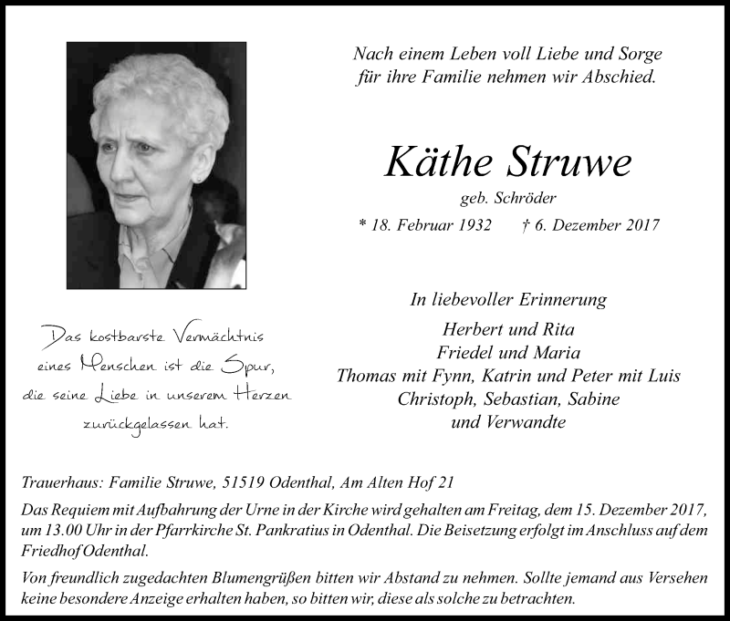  Traueranzeige für Käthe Struwe vom 09.12.2017 aus Kölner Stadt-Anzeiger / Kölnische Rundschau / Express