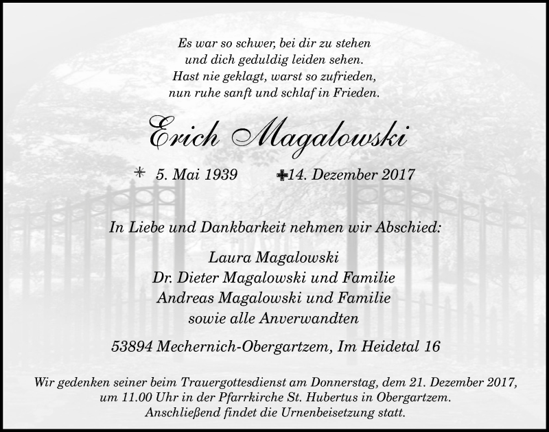  Traueranzeige für Laura Magalowski vom 16.12.2017 aus  Blickpunkt Euskirchen 
