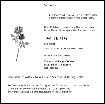 Anzeige von Leni Düster von Kölner Stadt-Anzeiger / Kölnische Rundschau / Express