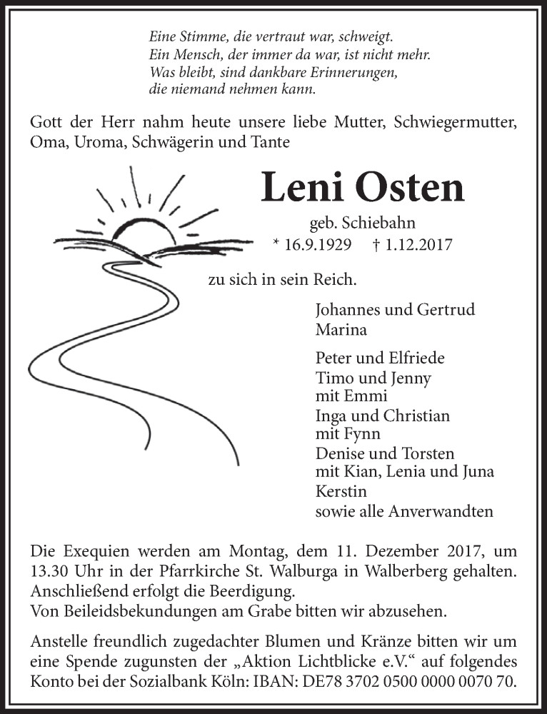  Traueranzeige für Leni Osten vom 06.12.2017 aus  Schlossbote/Werbekurier 