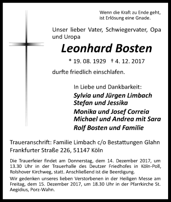 Anzeige von Leonhard Bosten von Kölner Stadt-Anzeiger / Kölnische Rundschau / Express
