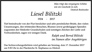 Anzeige von Liesel Bilitzki von Kölner Stadt-Anzeiger / Kölnische Rundschau / Express