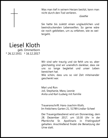 Anzeige von Liesel Kloth von Kölner Stadt-Anzeiger / Kölnische Rundschau / Express