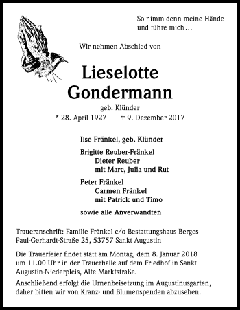Anzeige von Lieselotte Gondermann von Kölner Stadt-Anzeiger / Kölnische Rundschau / Express