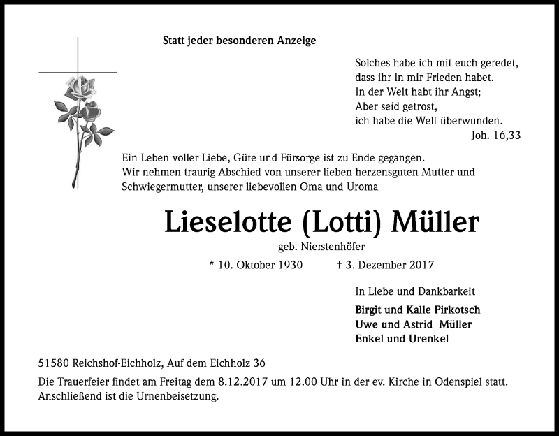  Traueranzeige für Lieselotte  Müller vom 05.12.2017 aus Kölner Stadt-Anzeiger / Kölnische Rundschau / Express