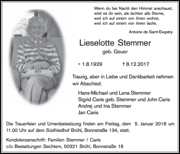 Anzeige von Lieselotte Stemmer von  Schlossbote/Werbekurier 