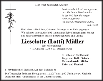 Anzeige von Lieselotte Lotti Müller von  Lokalanzeiger 