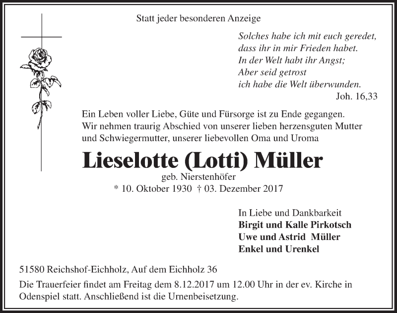  Traueranzeige für Lieselotte Lotti Müller vom 06.12.2017 aus  Lokalanzeiger 