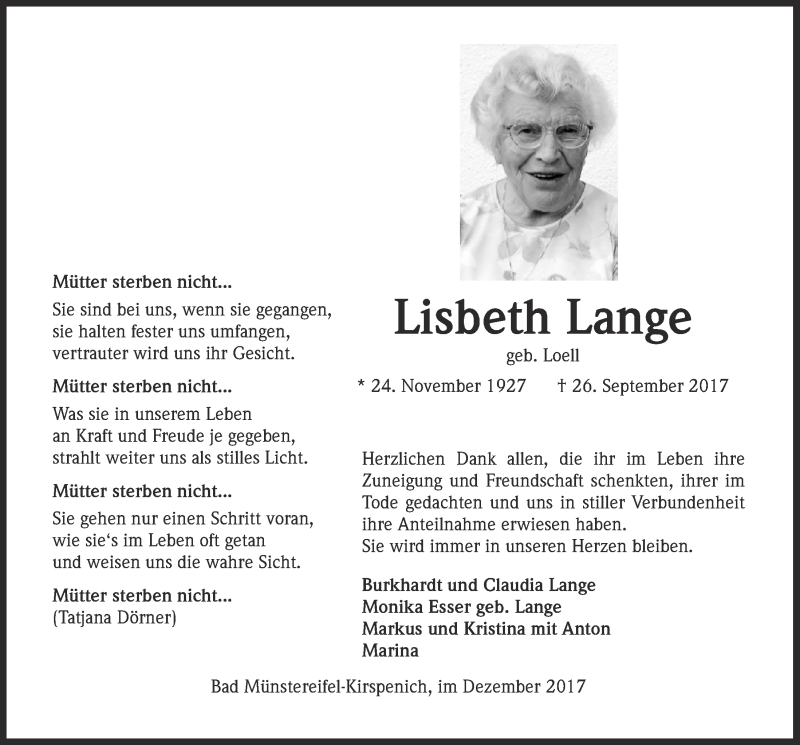  Traueranzeige für Lisbeth Lange vom 30.12.2017 aus  Blickpunkt Euskirchen 