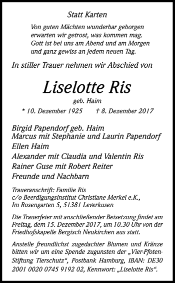 Anzeige von Liselotte Ris von Kölner Stadt-Anzeiger / Kölnische Rundschau / Express