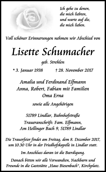Anzeige von Lisette Schumacher von Kölner Stadt-Anzeiger / Kölnische Rundschau / Express