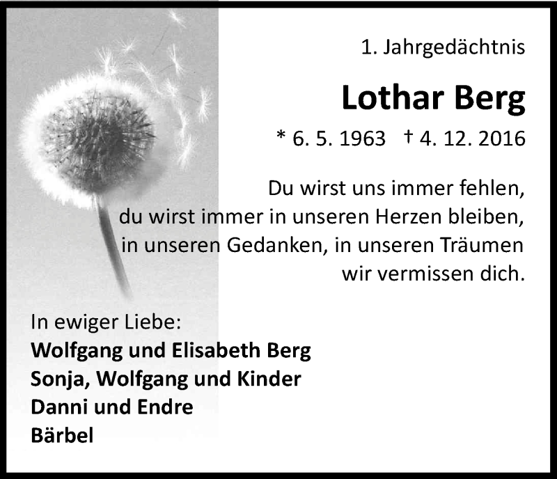  Traueranzeige für Lothar Berg vom 02.12.2017 aus Kölner Stadt-Anzeiger / Kölnische Rundschau / Express