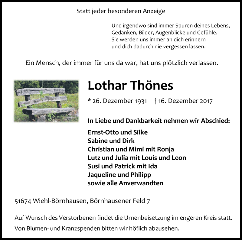  Traueranzeige für Lothar Thönes vom 19.12.2017 aus Kölner Stadt-Anzeiger / Kölnische Rundschau / Express