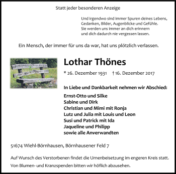 Anzeige von Lothar Thönes von Kölner Stadt-Anzeiger / Kölnische Rundschau / Express