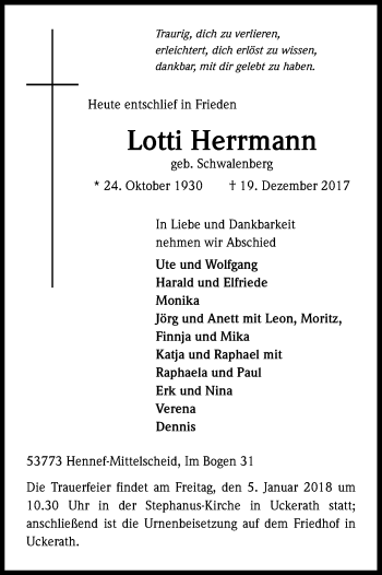 Anzeige von Lotti Herrmann von Kölner Stadt-Anzeiger / Kölnische Rundschau / Express