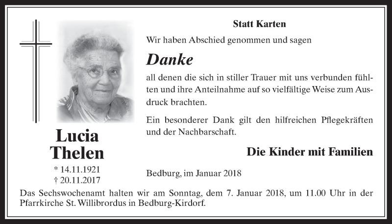  Traueranzeige für Lucia Thelen vom 28.12.2017 aus  Werbepost 