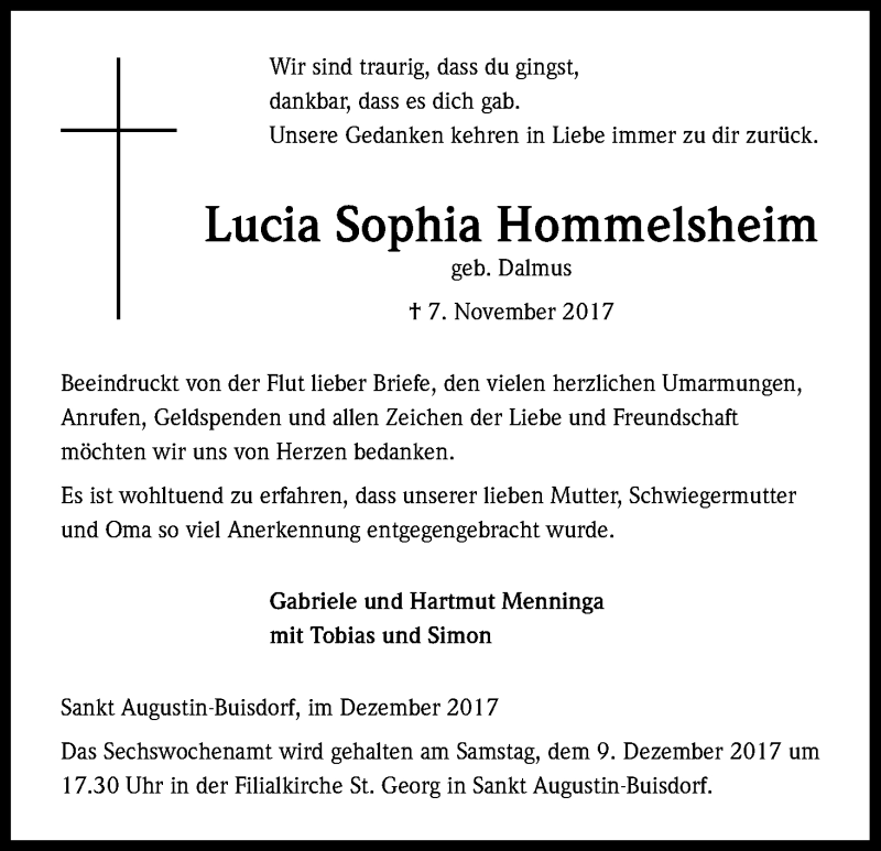  Traueranzeige für Lucia Sophia Hommelsheim vom 02.12.2017 aus Kölner Stadt-Anzeiger / Kölnische Rundschau / Express