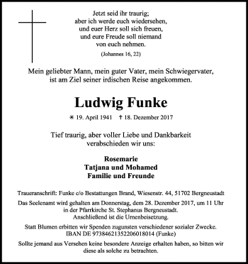 Anzeige von Ludwig Funke von Kölner Stadt-Anzeiger / Kölnische Rundschau / Express