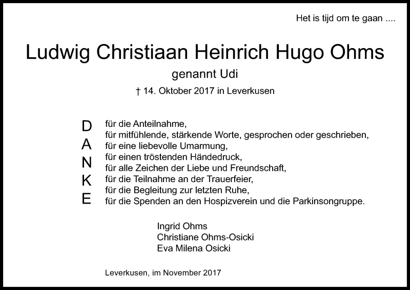 Traueranzeige für Ludwig Christiaan Heinrich Hugo Ohms vom 09.12.2017 aus Kölner Stadt-Anzeiger / Kölnische Rundschau / Express