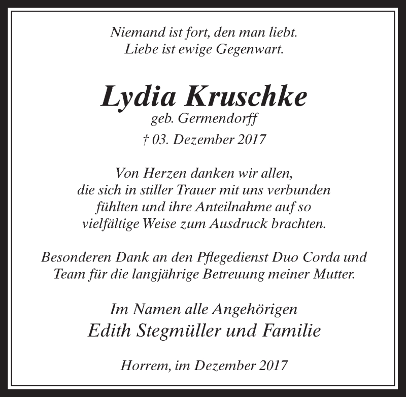  Traueranzeige für Lydia Kruschke vom 30.12.2017 aus  Werbepost 