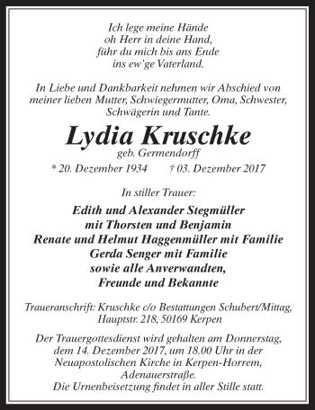 Anzeige von Lydia Kruschke von  Sonntags-Post 