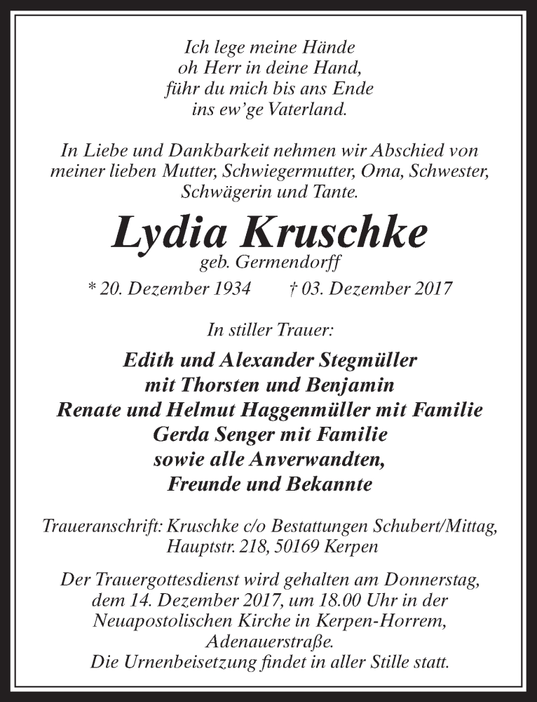  Traueranzeige für Lydia Kruschke vom 13.12.2017 aus  Werbepost 