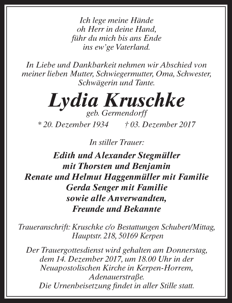  Traueranzeige für Lydia Kruschke vom 09.12.2017 aus  Sonntags-Post 
