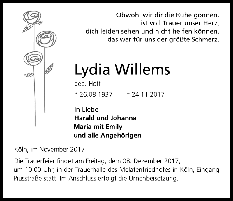  Traueranzeige für Lydia Willems vom 02.12.2017 aus Kölner Stadt-Anzeiger / Kölnische Rundschau / Express