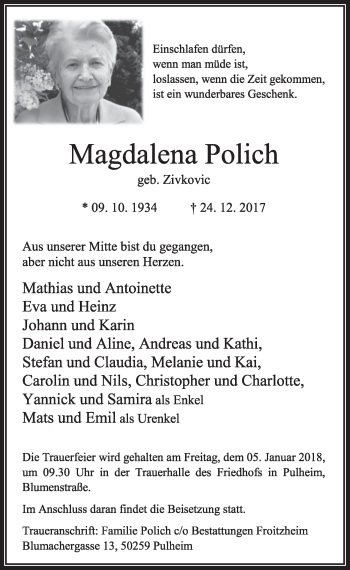 Anzeige von Magdalena Polich von  Sonntags-Post 