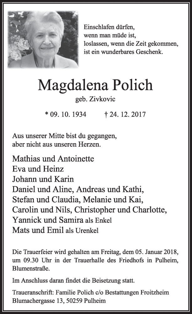  Traueranzeige für Magdalena Polich vom 30.12.2017 aus  Sonntags-Post 