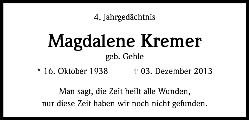  Traueranzeige für Hans-Georg + Magdalene Kremer vom 02.12.2017 aus Kölner Stadt-Anzeiger / Kölnische Rundschau / Express
