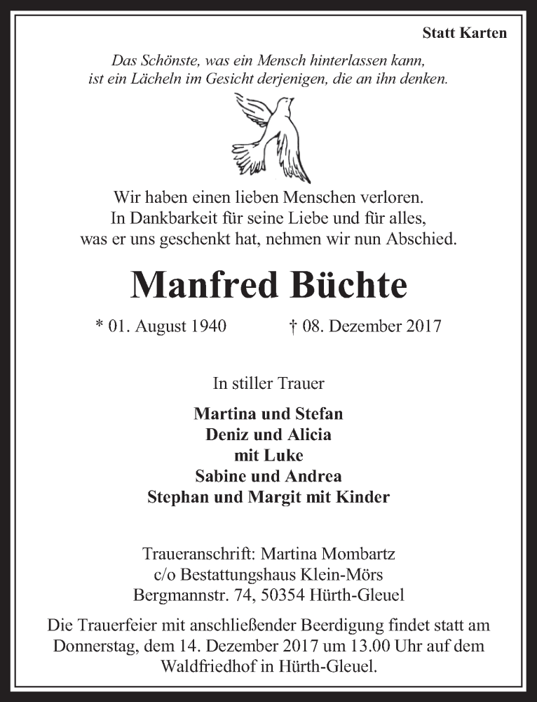  Traueranzeige für Manfred Büchte vom 13.12.2017 aus  Wochenende 