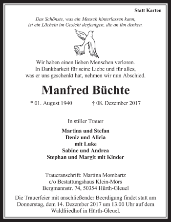 Anzeige von Manfred Büchte von  Wochenende 