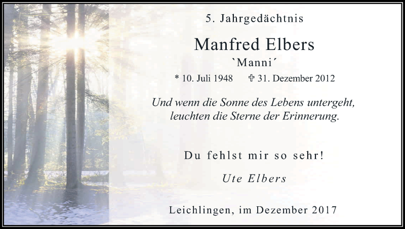  Traueranzeige für Manfred Elbers vom 30.12.2017 aus Kölner Stadt-Anzeiger / Kölnische Rundschau / Express