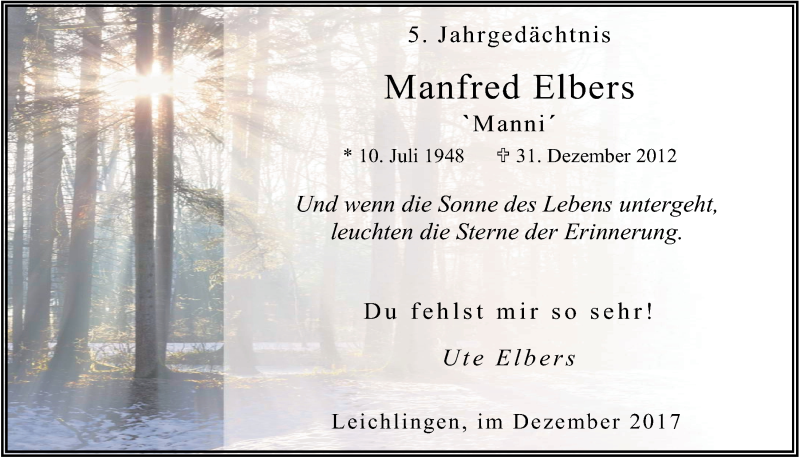  Traueranzeige für Manfred Elbers vom 28.12.2017 aus  Lokale Informationen 