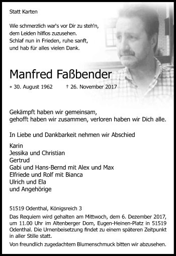Anzeige von Manfred Faßbender von Kölner Stadt-Anzeiger / Kölnische Rundschau / Express