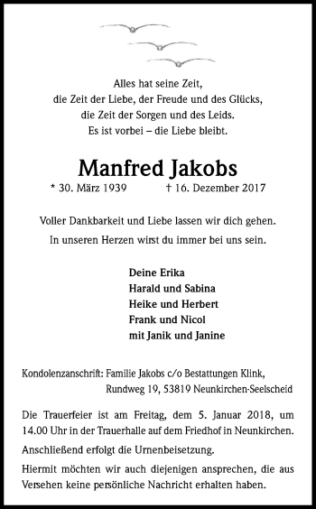 Anzeige von Manfred Jakobs von Kölner Stadt-Anzeiger / Kölnische Rundschau / Express