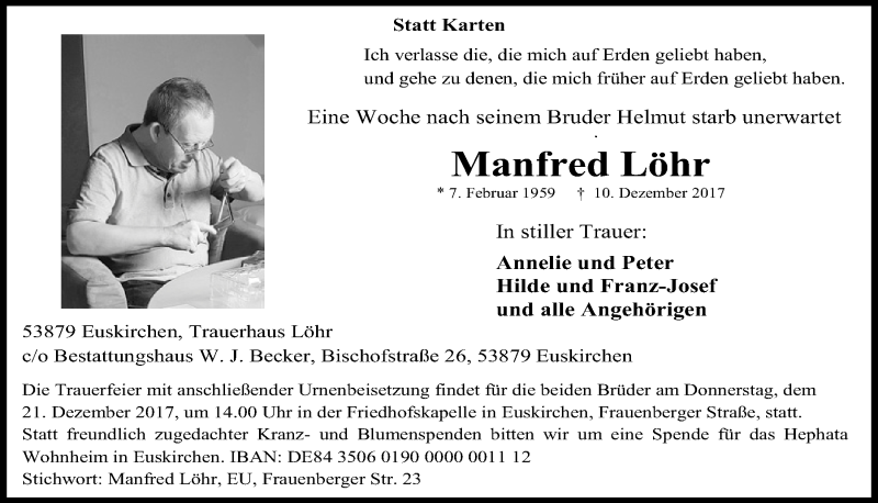  Traueranzeige für Manfred Löhr vom 16.12.2017 aus  Blickpunkt Euskirchen 