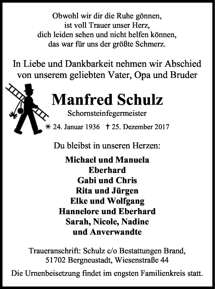  Traueranzeige für Manfred Schulz vom 30.12.2017 aus Kölner Stadt-Anzeiger / Kölnische Rundschau / Express