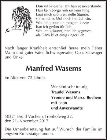 Anzeige von Manfred Wasems von  Schlossbote/Werbekurier 