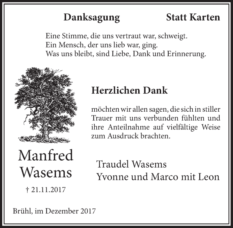  Traueranzeige für Manfred Wasems vom 20.12.2017 aus  Schlossbote/Werbekurier 