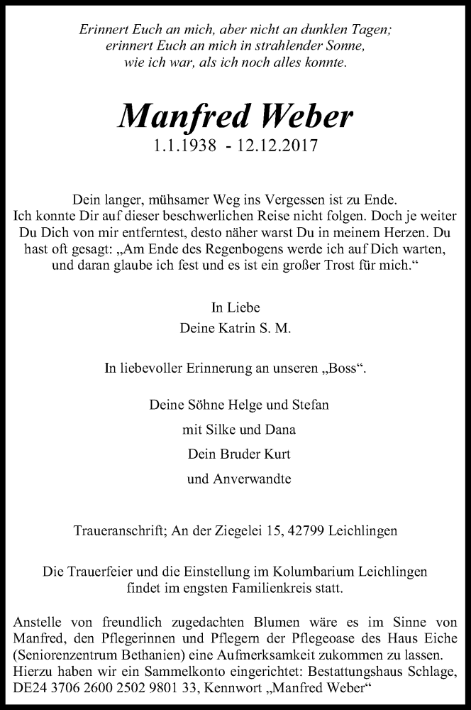  Traueranzeige für Manfred Weber vom 20.12.2017 aus Kölner Stadt-Anzeiger / Kölnische Rundschau / Express